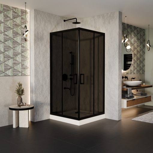 HD Fusion 70x70 szögletes két tolóajtós sötétített zuhanykabin fehér magas zuhanytálcával és fekete szifonnal, fekete sszínű elemekkel, 190 cm magas