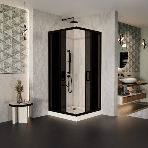 HD Fusion 70x70 szögletes két tolóajtós sötétített zuhanykabin fehér magas zuhanytálcával és fekete szifonnal, fekete sszínű elemekkel, 190 cm magas