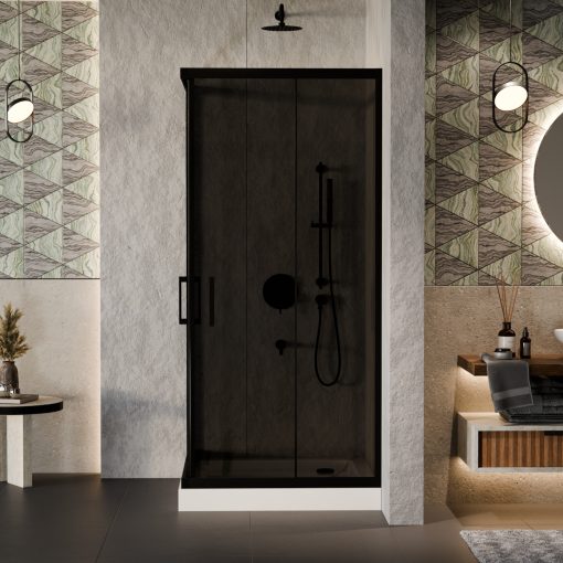 HD Fusion 70x70 szögletes két tolóajtós sötétített zuhanykabin fehér magas zuhanytálcával és fekete szifonnal, fekete sszínű elemekkel, 190 cm magas