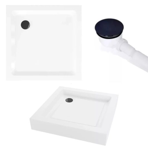 HD Fusion 70x70 szögletes két tolóajtós sötétített zuhanykabin fehér magas zuhanytálcával és fekete szifonnal, fekete sszínű elemekkel, 190 cm magas