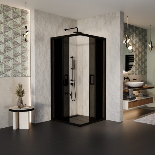 HD Fusion 100x100 szögletes két tolóajtós sötétített zuhanykabin 6 mm vastag vízlepergető biztonsági üveggel, fekete színű elemekkel, 190 cm magas