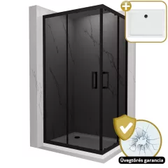   HD Fusion aszimmetrikus szögletes két tolóajtós sötétített zuhanykabin fehér slim zuhanytálcával és fekete szifonnal, fekete színű elemekkel, 190 cm magas