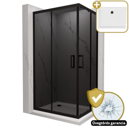 HD Fusion aszimmetrikus szögletes két tolóajtós sötétített zuhanykabin fehér slim zuhanytálcával és fekete szifonnal, fekete színű elemekkel, 190 cm magas