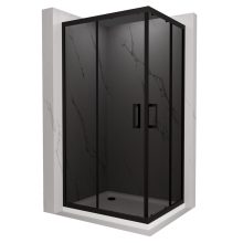 HD Fusion aszimmetrikus szögletes két tolóajtós sötétített zuhanykabin fehér slim zuhanytálcával és fekete szifonnal, fekete színű elemekkel, 190 cm magas