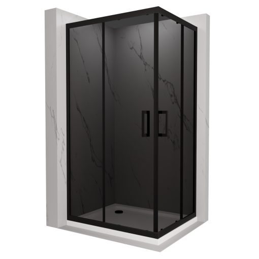 HD Fusion aszimmetrikus szögletes két tolóajtós sötétített zuhanykabin fehér slim zuhanytálcával és fekete szifonnal, fekete színű elemekkel, 190 cm magas