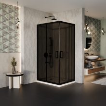 HD Fusion aszimmetrikus szögletes két tolóajtós sötétített zuhanykabin fehér slim zuhanytálcával és fekete szifonnal, fekete színű elemekkel, 190 cm magas