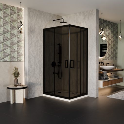 HD Fusion aszimmetrikus szögletes két tolóajtós sötétített zuhanykabin fehér slim zuhanytálcával és fekete szifonnal, fekete színű elemekkel, 190 cm magas