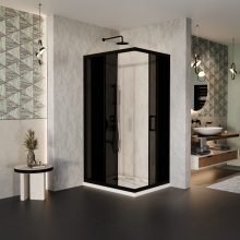 HD Fusion aszimmetrikus szögletes két tolóajtós sötétített zuhanykabin fehér slim zuhanytálcával és fekete szifonnal, fekete színű elemekkel, 190 cm magas