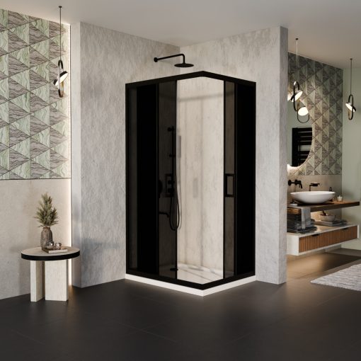 HD Fusion aszimmetrikus szögletes két tolóajtós sötétített zuhanykabin fehér slim zuhanytálcával és fekete szifonnal, fekete színű elemekkel, 190 cm magas