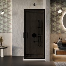 HD Fusion aszimmetrikus szögletes két tolóajtós sötétített zuhanykabin fehér slim zuhanytálcával és fekete szifonnal, fekete színű elemekkel, 190 cm magas