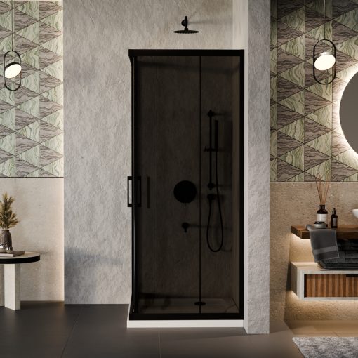 HD Fusion aszimmetrikus szögletes két tolóajtós sötétített zuhanykabin fehér slim zuhanytálcával és fekete szifonnal, fekete színű elemekkel, 190 cm magas