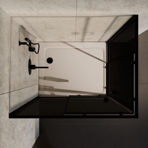 HD Fusion aszimmetrikus szögletes két tolóajtós sötétített zuhanykabin fehér slim zuhanytálcával és fekete szifonnal, fekete színű elemekkel, 190 cm magas