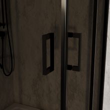 HD Fusion aszimmetrikus szögletes két tolóajtós sötétített zuhanykabin fehér slim zuhanytálcával és fekete szifonnal, fekete színű elemekkel, 190 cm magas