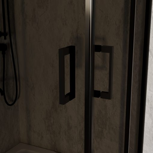 HD Fusion aszimmetrikus szögletes két tolóajtós sötétített zuhanykabin fehér slim zuhanytálcával és fekete szifonnal, fekete színű elemekkel, 190 cm magas