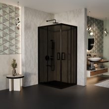HD Fusion aszimmetrikus szögletes két tolóajtós sötétített zuhanykabin 6 mm vastag vízlepergető biztonsági üveggel, fekete színű elemekkel, 190 cm magas