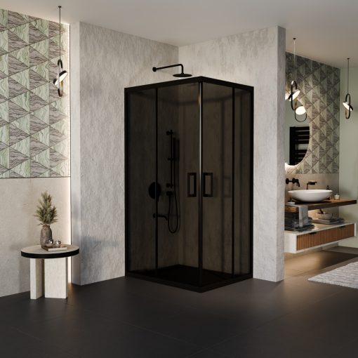 HD Fusion aszimmetrikus szögletes két tolóajtós sötétített zuhanykabin 6 mm vastag vízlepergető biztonsági üveggel, fekete színű elemekkel, 190 cm magas
