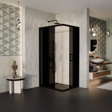 HD Fusion aszimmetrikus szögletes két tolóajtós sötétített zuhanykabin 6 mm vastag vízlepergető biztonsági üveggel, fekete színű elemekkel, 190 cm magas