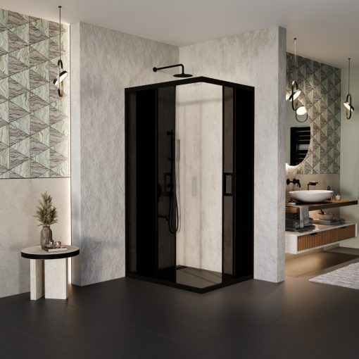 HD Fusion aszimmetrikus szögletes két tolóajtós sötétített zuhanykabin 6 mm vastag vízlepergető biztonsági üveggel, fekete színű elemekkel, 190 cm magas