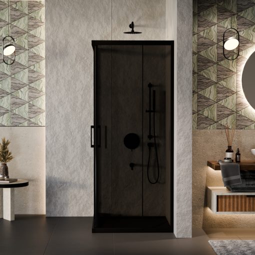 HD Fusion aszimmetrikus szögletes két tolóajtós sötétített zuhanykabin 6 mm vastag vízlepergető biztonsági üveggel, fekete színű elemekkel, 190 cm magas