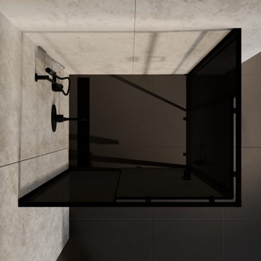 HD Fusion aszimmetrikus szögletes két tolóajtós sötétített zuhanykabin 6 mm vastag vízlepergető biztonsági üveggel, fekete színű elemekkel, 190 cm magas