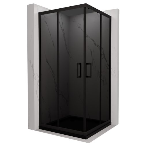 HD Fusion 80x80 szögletes két tolóajtós sötétített zuhanykabin fekete slim zuhanytálcával és fekete szifonnal, fekete színű elemekkel, 190 cm magas