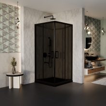 HD Fusion 80x80 szögletes két tolóajtós sötétített zuhanykabin fekete slim zuhanytálcával és fekete szifonnal, fekete színű elemekkel, 190 cm magas