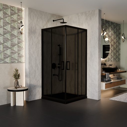 HD Fusion 80x80 szögletes két tolóajtós sötétített zuhanykabin fekete slim zuhanytálcával és fekete szifonnal, fekete színű elemekkel, 190 cm magas