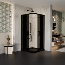 HD Fusion 80x80 szögletes két tolóajtós sötétített zuhanykabin fekete slim zuhanytálcával és fekete szifonnal, fekete színű elemekkel, 190 cm magas