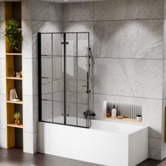   HD Hugo Black 100x140 összecsukható 2 szárnyú kádparaván 6 mm vastag vízlepergető biztonsági üveggel, fekete elemekkel