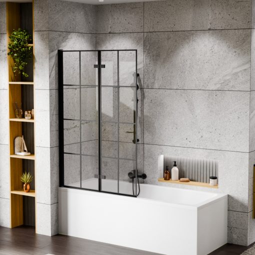 HD Hugo Black 100x140 összecsukható 2 szárnyú kádparaván 6 mm vastag vízlepergető biztonsági üveggel, fekete elemekkel