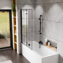 HD Hugo Black 100x140 összecsukható 2 szárnyú kádparaván 6 mm vastag vízlepergető biztonsági üveggel, fekete elemekkel