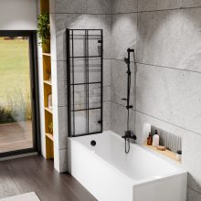 HD Hugo Black 100x140 összecsukható 2 szárnyú kádparaván 6 mm vastag vízlepergető biztonsági üveggel, fekete elemekkel