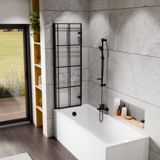 HD Hugo Black 100x140 összecsukható 2 szárnyú kádparaván 6 mm vastag vízlepergető biztonsági üveggel, fekete elemekkel