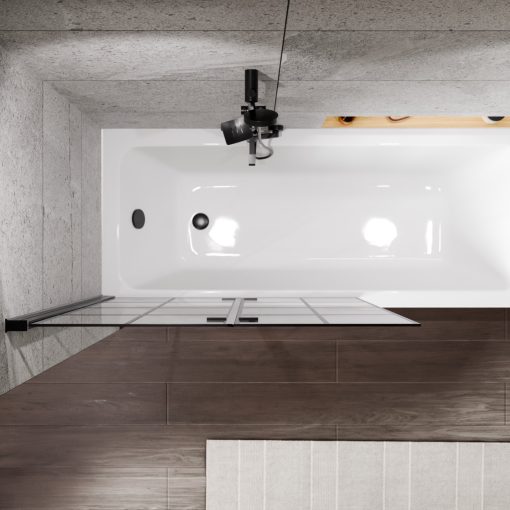 HD Hugo Black 100x140 összecsukható 2 szárnyú kádparaván 6 mm vastag vízlepergető biztonsági üveggel, fekete elemekkel