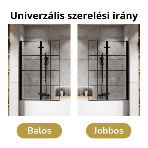 HD Hugo Black 100x140 összecsukható 2 szárnyú kádparaván 6 mm vastag vízlepergető biztonsági üveggel, fekete elemekkel