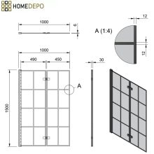 HD Hugo Black 100x140 összecsukható 2 szárnyú kádparaván 6 mm vastag vízlepergető biztonsági üveggel, fekete elemekkel