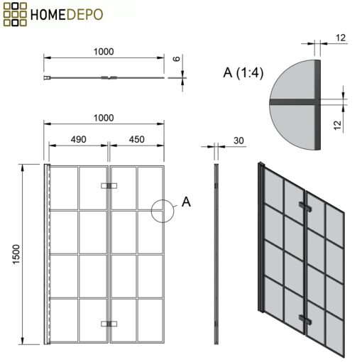 HD Hugo Black 100x140 összecsukható 2 szárnyú kádparaván 6 mm vastag vízlepergető biztonsági üveggel, fekete elemekkel
