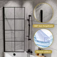 HD Hugo Black 70x150 kihajtható 1 szárnyú kádparaván 6 mm vastag vízlepergető biztonsági üveggel, fekete elemekkel