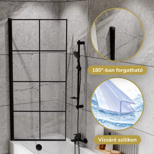 HD Hugo Black 70x150 kihajtható 1 szárnyú kádparaván 6 mm vastag vízlepergető biztonsági üveggel, fekete elemekkel