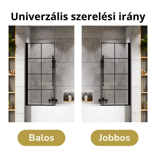 HD Hugo Black 70x150 kihajtható 1 szárnyú kádparaván 6 mm vastag vízlepergető biztonsági üveggel, fekete elemekkel