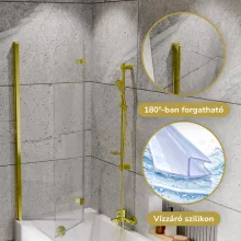 HD Leo Gold 100x150 összecsukható 2 szárnyú kádparaván 6 mm vastag vízlepergető biztonsági üveggel, arany színű elemekkel