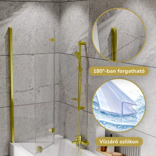 HD Leo Gold 100x150 összecsukható 2 szárnyú kádparaván 6 mm vastag vízlepergető biztonsági üveggel, arany színű elemekkel