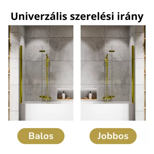 HD Leo Gold 100x150 összecsukható 2 szárnyú kádparaván 6 mm vastag vízlepergető biztonsági üveggel, arany színű elemekkel
