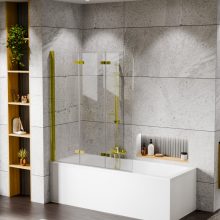 HD Leo Gold 120x140 összecsukható 3 szárnyú kádparaván 6 mm vastag vízlepergető biztonsági üveggel, arany színű elemekkel