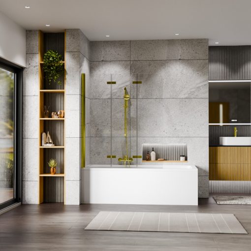 HD Leo Gold 120x140 összecsukható 3 szárnyú kádparaván 6 mm vastag vízlepergető biztonsági üveggel, arany színű elemekkel