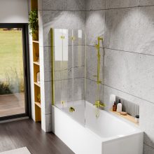 HD Leo Gold 120x140 összecsukható 3 szárnyú kádparaván 6 mm vastag vízlepergető biztonsági üveggel, arany színű elemekkel