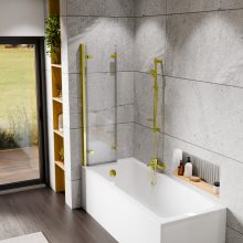 HD Leo Gold 120x140 összecsukható 3 szárnyú kádparaván 6 mm vastag vízlepergető biztonsági üveggel, arany színű elemekkel