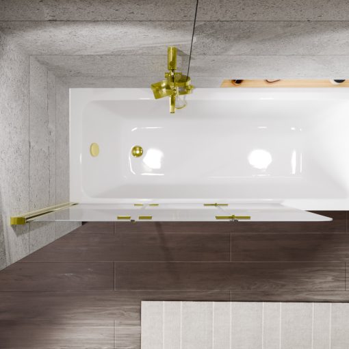 HD Leo Gold 120x140 összecsukható 3 szárnyú kádparaván 6 mm vastag vízlepergető biztonsági üveggel, arany színű elemekkel