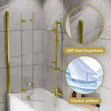 HD Leo Gold 120x150 összecsukható 3 szárnyú kádparaván 6 mm vastag vízlepergető biztonsági üveggel, arany színű elemekkel