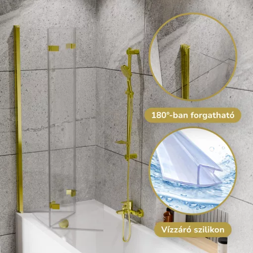 HD Leo Gold 120x150 összecsukható 3 szárnyú kádparaván 6 mm vastag vízlepergető biztonsági üveggel, arany színű elemekkel